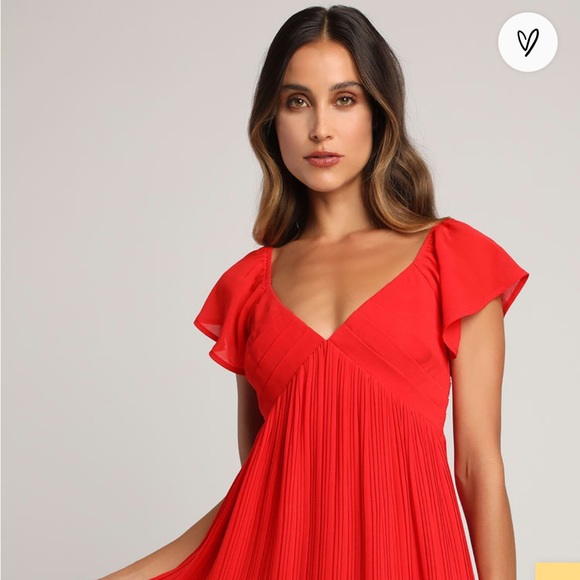 Amalfi Coast Red Pleated Flutter Sleeve Mini Dress NEW - Picture 3 of 6